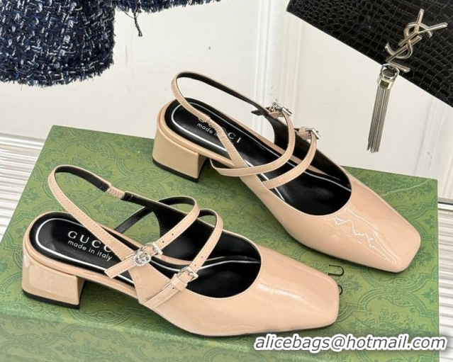 Top Grade Gucci Patent Leather Slingback Pump 4.5cm With Strass GG Buckle Strap Nude 0712015