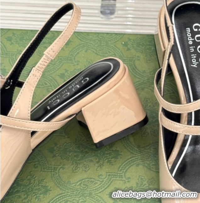 Top Grade Gucci Patent Leather Slingback Pump 4.5cm With Strass GG Buckle Strap Nude 0712015
