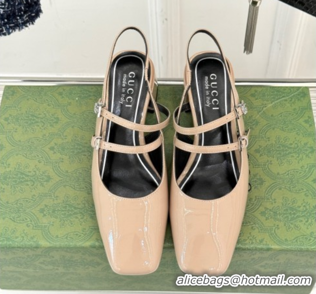 Top Grade Gucci Patent Leather Slingback Pump 4.5cm With Strass GG Buckle Strap Nude 0712015
