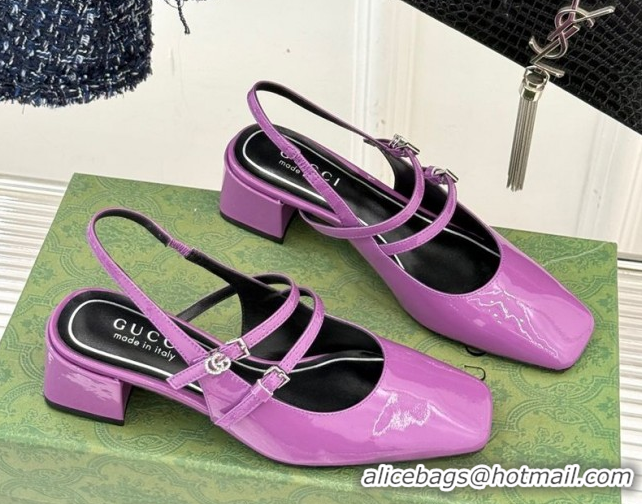 Unique Style Gucci Patent Leather Slingback Pump 4.5cm With Strass GG Buckle Strap Purple 0712016