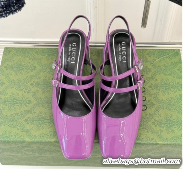 Unique Style Gucci Patent Leather Slingback Pump 4.5cm With Strass GG Buckle Strap Purple 0712016