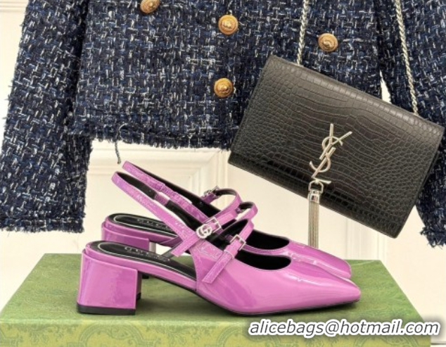 Unique Style Gucci Patent Leather Slingback Pump 4.5cm With Strass GG Buckle Strap Purple 0712016