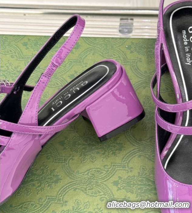 Unique Style Gucci Patent Leather Slingback Pump 4.5cm With Strass GG Buckle Strap Purple 0712016