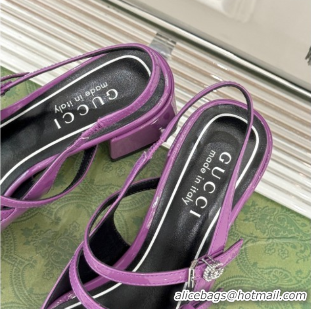 Unique Style Gucci Patent Leather Slingback Pump 4.5cm With Strass GG Buckle Strap Purple 0712016