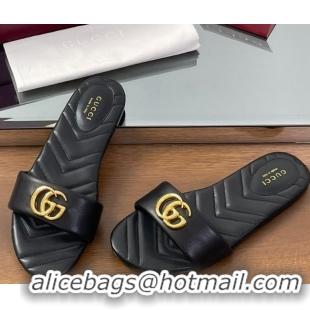 Luxury Gucci Leather Flat Slides Sandal with Double G Black 2025 832449