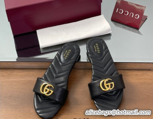 Luxury Gucci Leather Flat Slides Sandal with Double G Black 2025 832449
