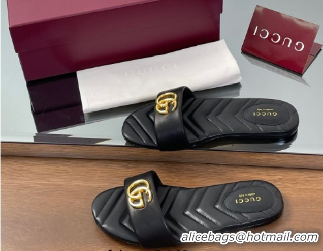 Luxury Gucci Leather Flat Slides Sandal with Double G Black 2025 832449