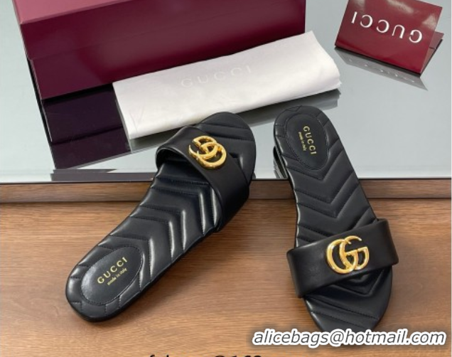 Luxury Gucci Leather Flat Slides Sandal with Double G Black 2025 832449