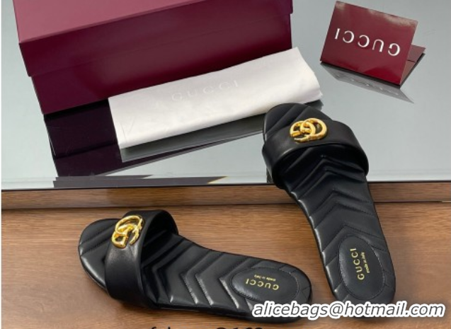 Luxury Gucci Leather Flat Slides Sandal with Double G Black 2025 832449