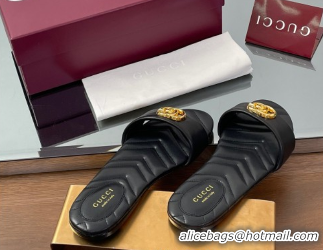 Luxury Gucci Leather Flat Slides Sandal with Double G Black 2025 832449
