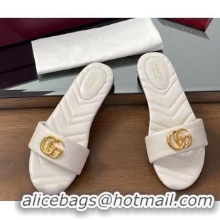 Shop Duplicate Gucci Leather Flat Slides Sandal with Double G White 832449