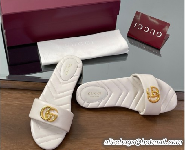 Shop Duplicate Gucci Leather Flat Slides Sandal with Double G White 832449