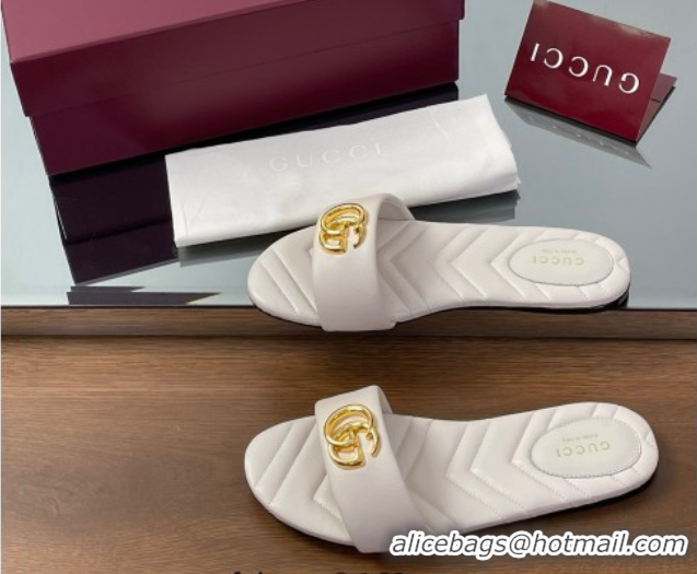 Shop Duplicate Gucci Leather Flat Slides Sandal with Double G White 832449