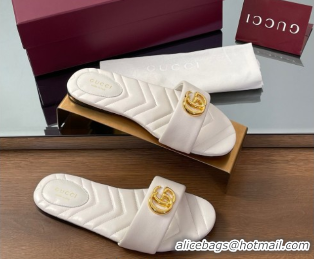 Shop Duplicate Gucci Leather Flat Slides Sandal with Double G White 832449
