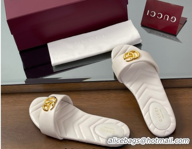 Shop Duplicate Gucci Leather Flat Slides Sandal with Double G White 832449