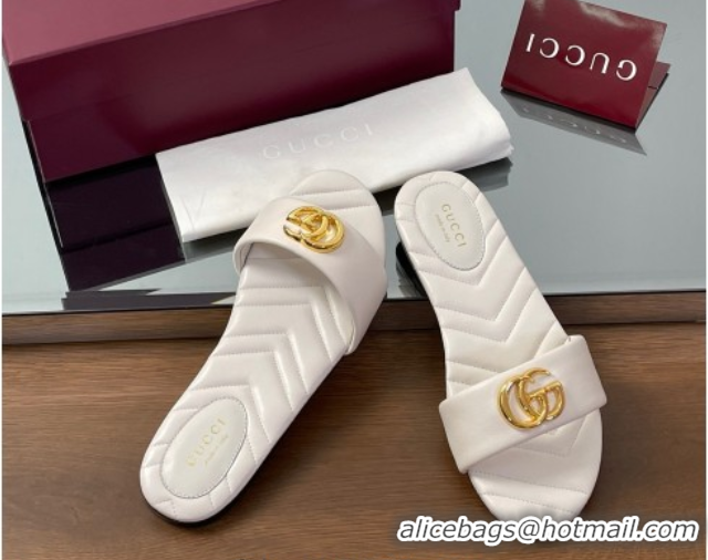 Shop Duplicate Gucci Leather Flat Slides Sandal with Double G White 832449