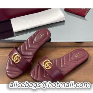 Stylish Gucci Leather Flat Slides Sandal with Double G Dark Burgundy 832449