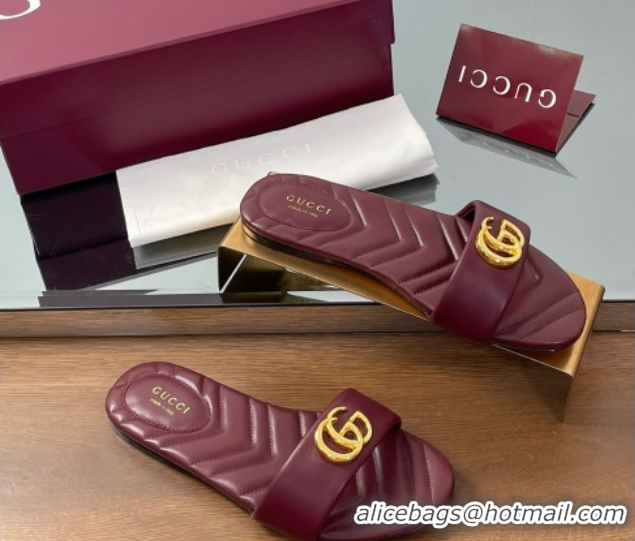 Stylish Gucci Leather Flat Slides Sandal with Double G Dark Burgundy 832449