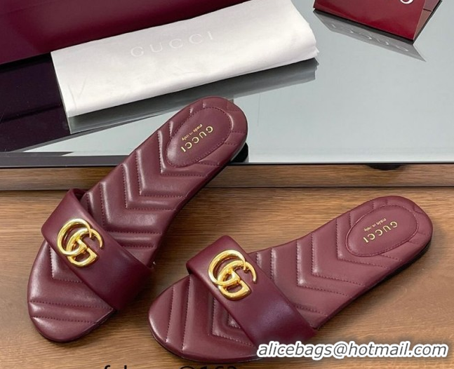 Stylish Gucci Leather Flat Slides Sandal with Double G Dark Burgundy 832449