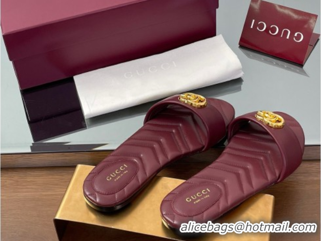 Stylish Gucci Leather Flat Slides Sandal with Double G Dark Burgundy 832449