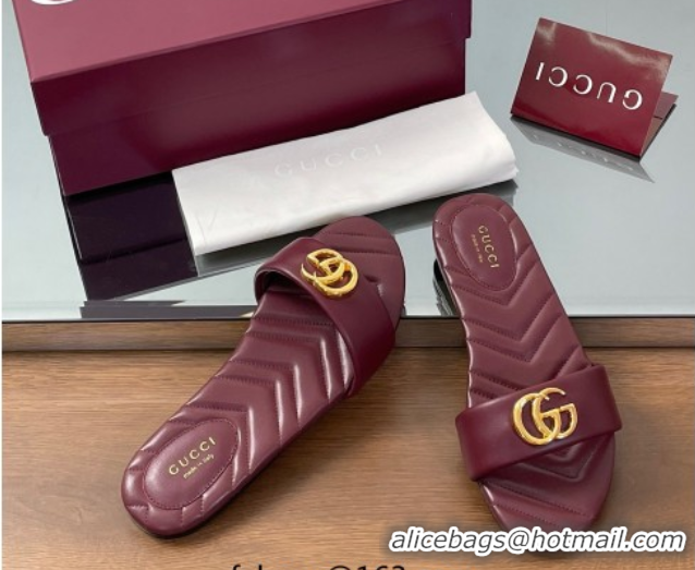 Stylish Gucci Leather Flat Slides Sandal with Double G Dark Burgundy 832449