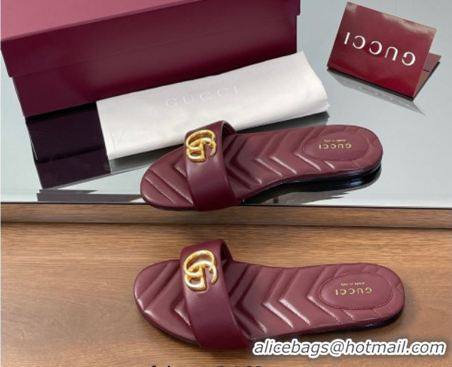 Stylish Gucci Leather Flat Slides Sandal with Double G Dark Burgundy 832449