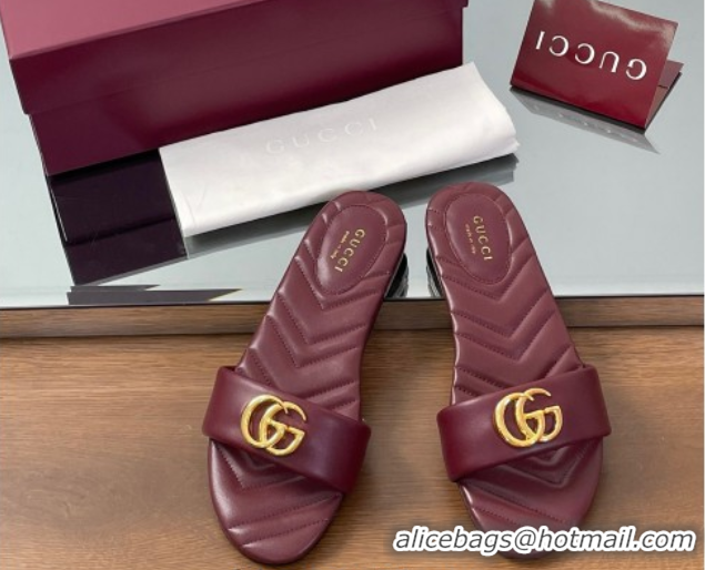Stylish Gucci Leather Flat Slides Sandal with Double G Dark Burgundy 832449
