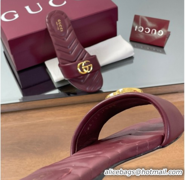 Stylish Gucci Leather Flat Slides Sandal with Double G Dark Burgundy 832449