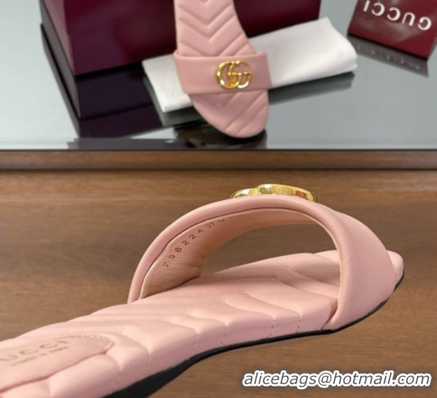 Perfect Gucci Leather Flat Slides Sandal with Double G Light Pink 2025 832449