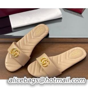 Best Grade Gucci Leather Flat Slides Sandal with Double G Beige 2025 832449