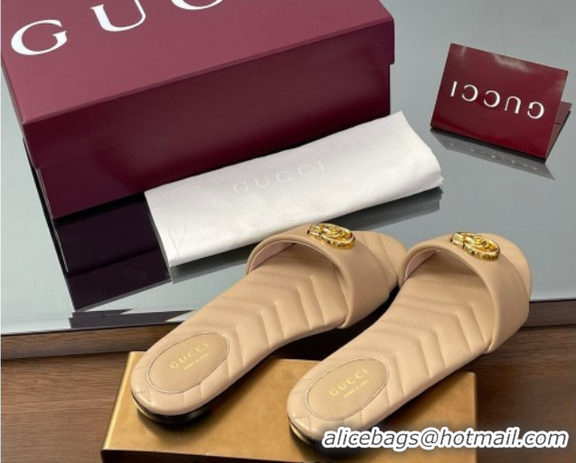 Best Grade Gucci Leather Flat Slides Sandal with Double G Beige 2025 832449