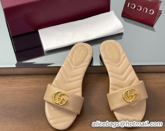 Best Grade Gucci Leather Flat Slides Sandal with Double G Beige 2025 832449