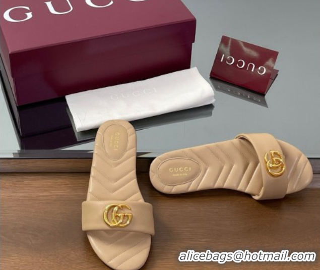 Best Grade Gucci Leather Flat Slides Sandal with Double G Beige 2025 832449
