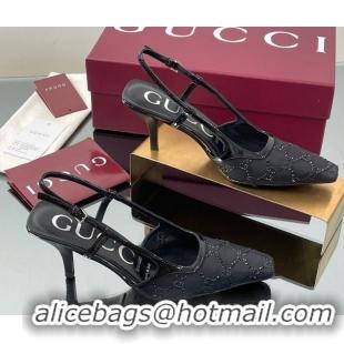 Charming Gucci GG Mesh and Patent Leather Slingback Pumps 7.5cm Black 2025 840728 0712035