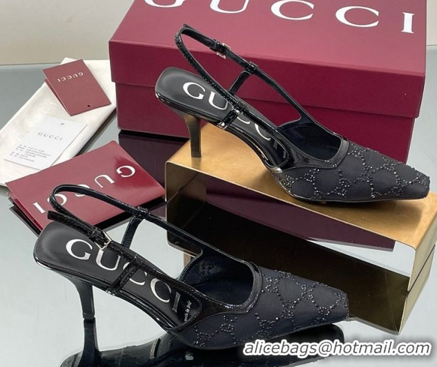 Charming Gucci GG Mesh and Patent Leather Slingback Pumps 7.5cm Black 2025 840728 0712035