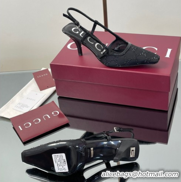 Charming Gucci GG Mesh and Patent Leather Slingback Pumps 7.5cm Black 2025 840728 0712035