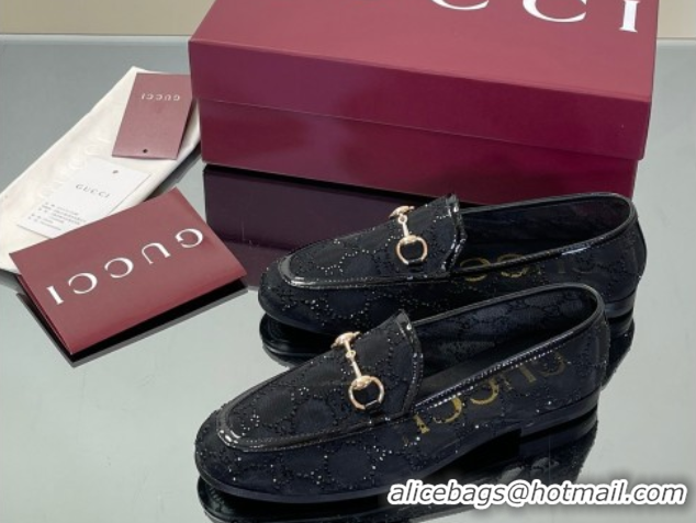 Stylish Gucci GG Mesh and Patent Leather Jordaan Loafers Black 0712037