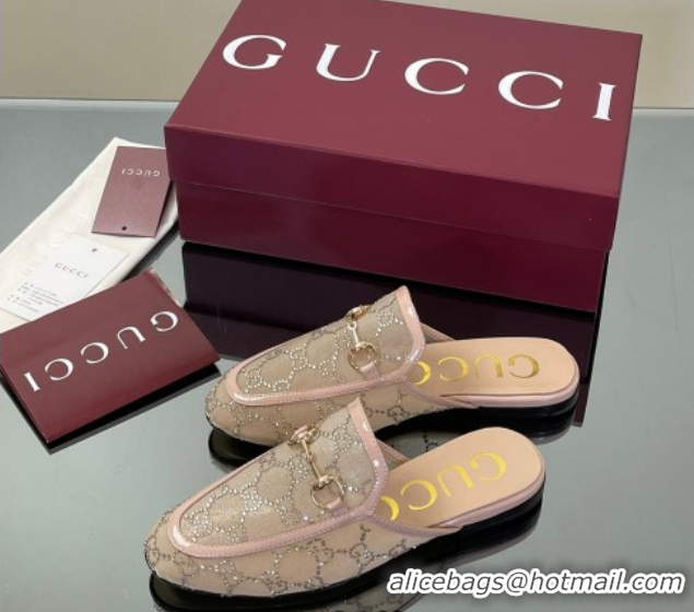 Top Grade Gucci GG Mesh and Patent Leather Princetown Flat Slippers Nude 50712040