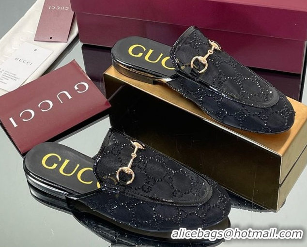 Luxurious Gucci GG Mesh and Patent Leather Princetown Flat Slippers Black 50712042