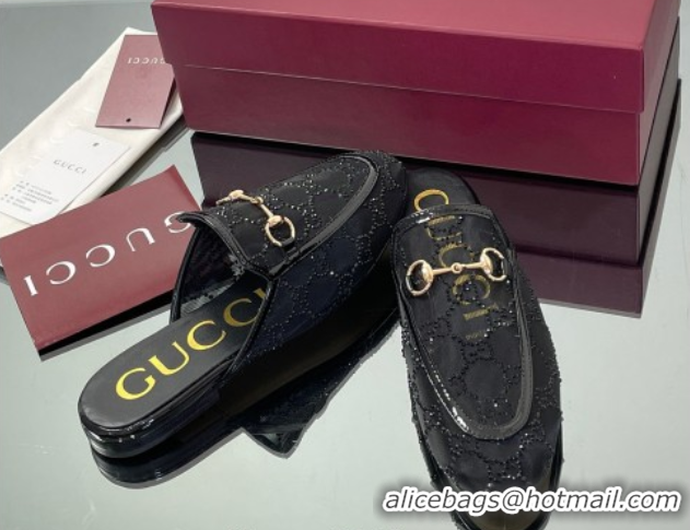 Luxurious Gucci GG Mesh and Patent Leather Princetown Flat Slippers Black 50712042