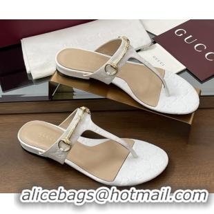 Good Quality Gucci Thong Sandal with Horsebit in GG Leather 816590 White