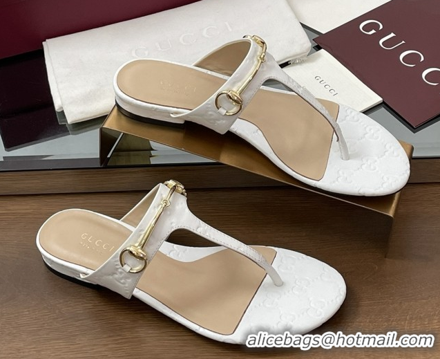 Good Quality Gucci Thong Sandal with Horsebit in GG Leather 816590 White