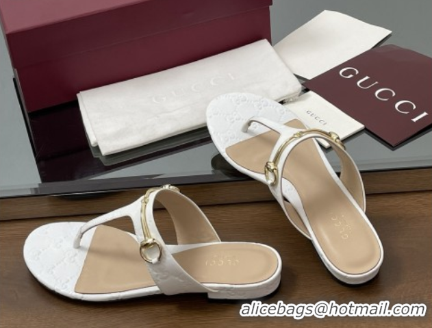 Good Quality Gucci Thong Sandal with Horsebit in GG Leather 816590 White