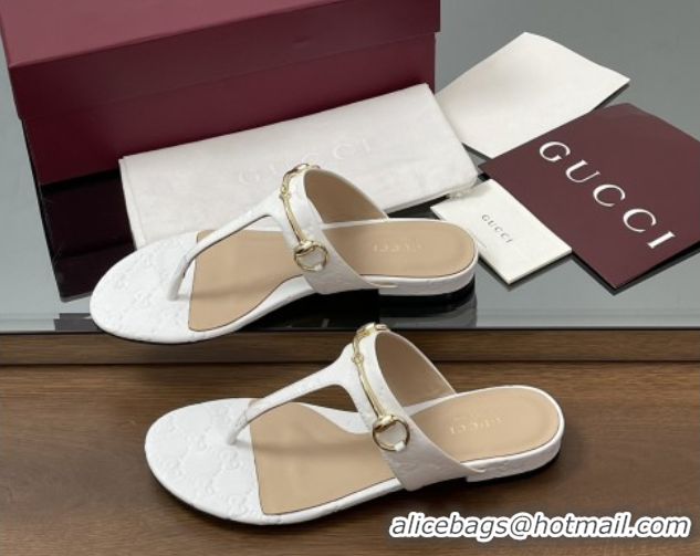 Good Quality Gucci Thong Sandal with Horsebit in GG Leather 816590 White
