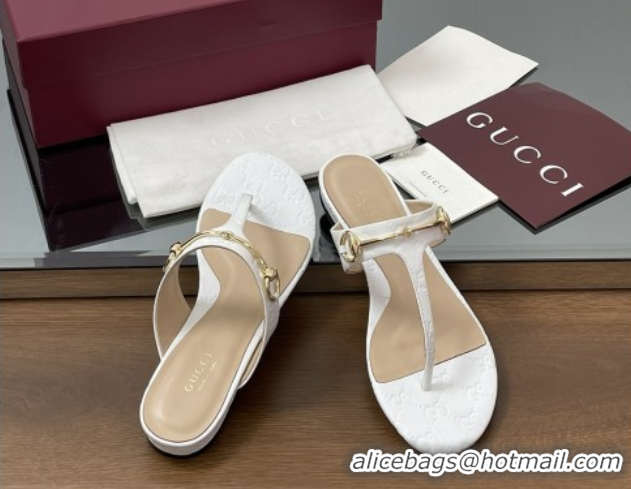 Good Quality Gucci Thong Sandal with Horsebit in GG Leather 816590 White