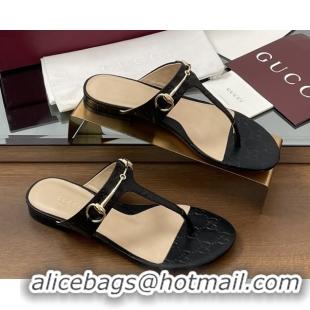 Good Looking Gucci Thong Sandal with Horsebit in GG Leather 816590 Black