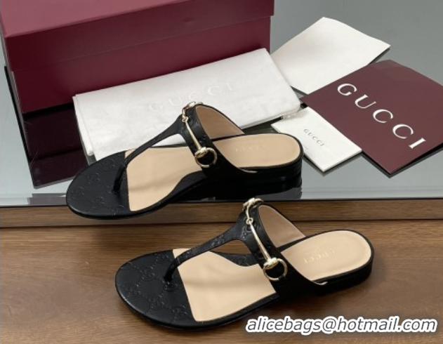 Good Looking Gucci Thong Sandal with Horsebit in GG Leather 816590 Black