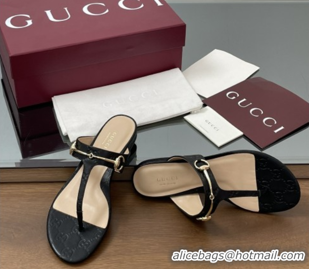 Good Looking Gucci Thong Sandal with Horsebit in GG Leather 816590 Black