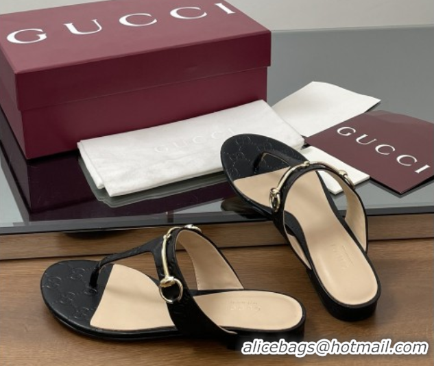 Good Looking Gucci Thong Sandal with Horsebit in GG Leather 816590 Black