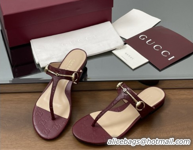 Popular Style Gucci Thong Sandal with Horsebit in GG Leather 816590 Burgundy